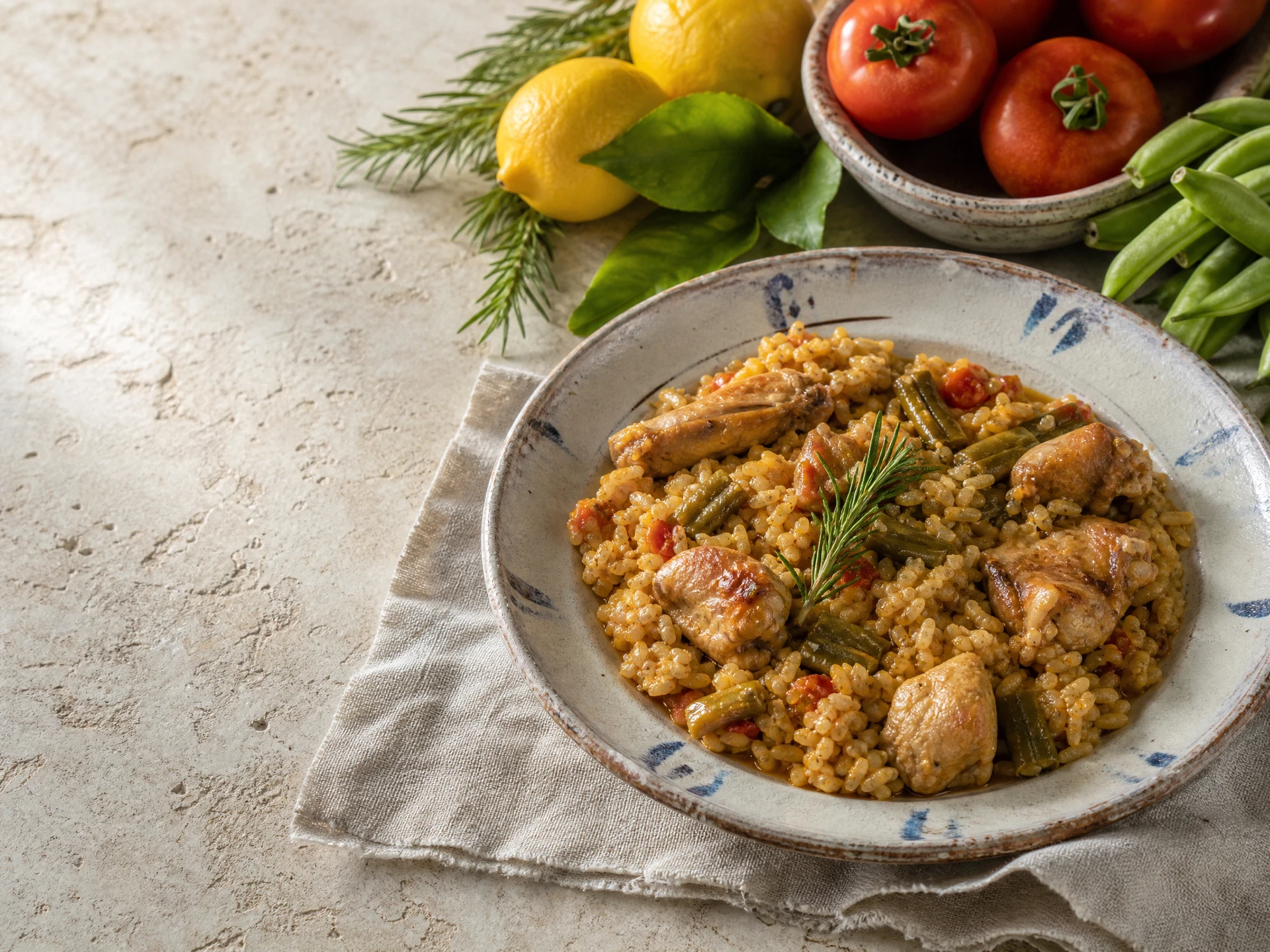 Arroz y producto de temporada de la huerta